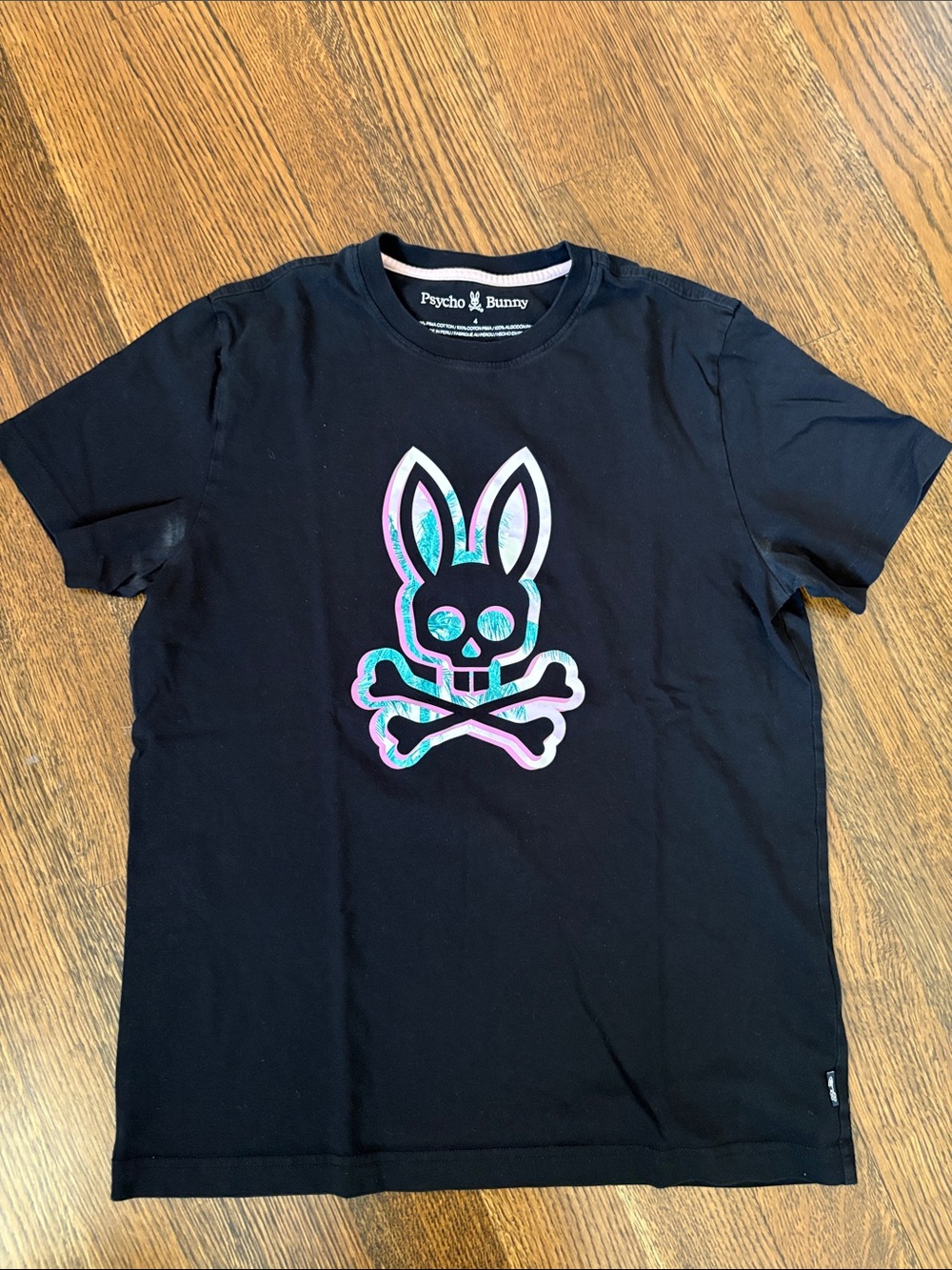 Psycho Bunny Black Tee with Iridescent Pink and Teal Logo